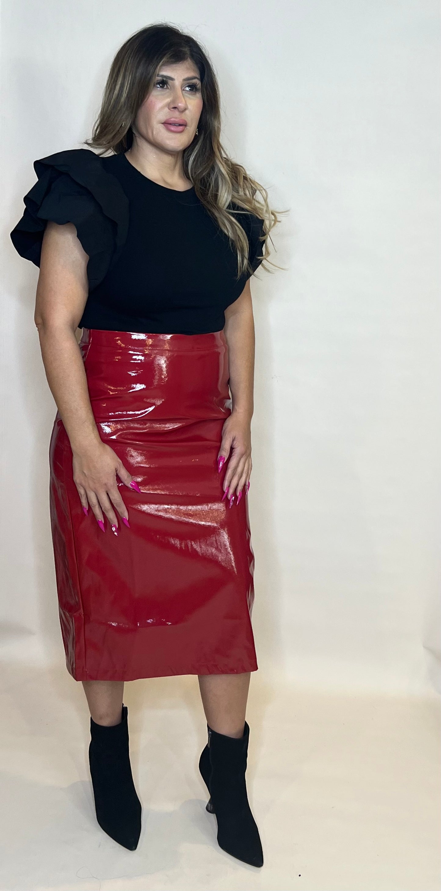 Red faux leather skirt